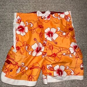 Kids Orange Floral Swim Trunks with Drawstring
